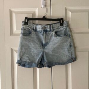 Express midi high rise women’s 6 Jean shorts faded blue cuffed